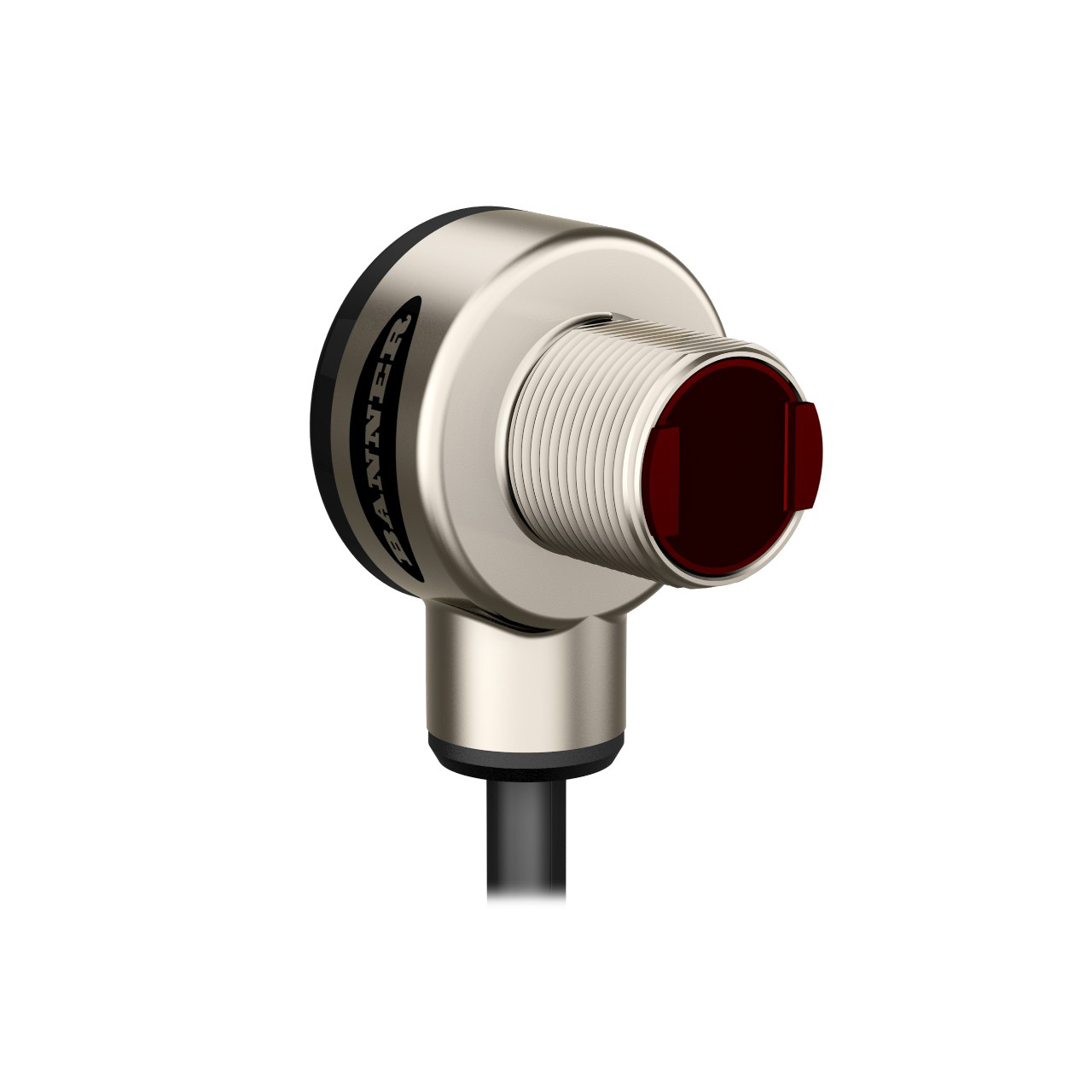 Banner Engineering Photoelectric Sensor; Diffuse; 18mm Barrel - Right Angle; 500mm Range; 10-30VDC; PNP; LO/DO Configurable; 2m Potted Cable